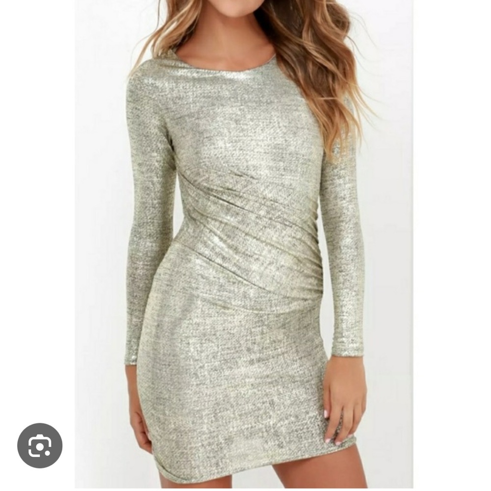 Lulus Gold Luxe Metallic Gathered Long Sleeve Dress size Medium